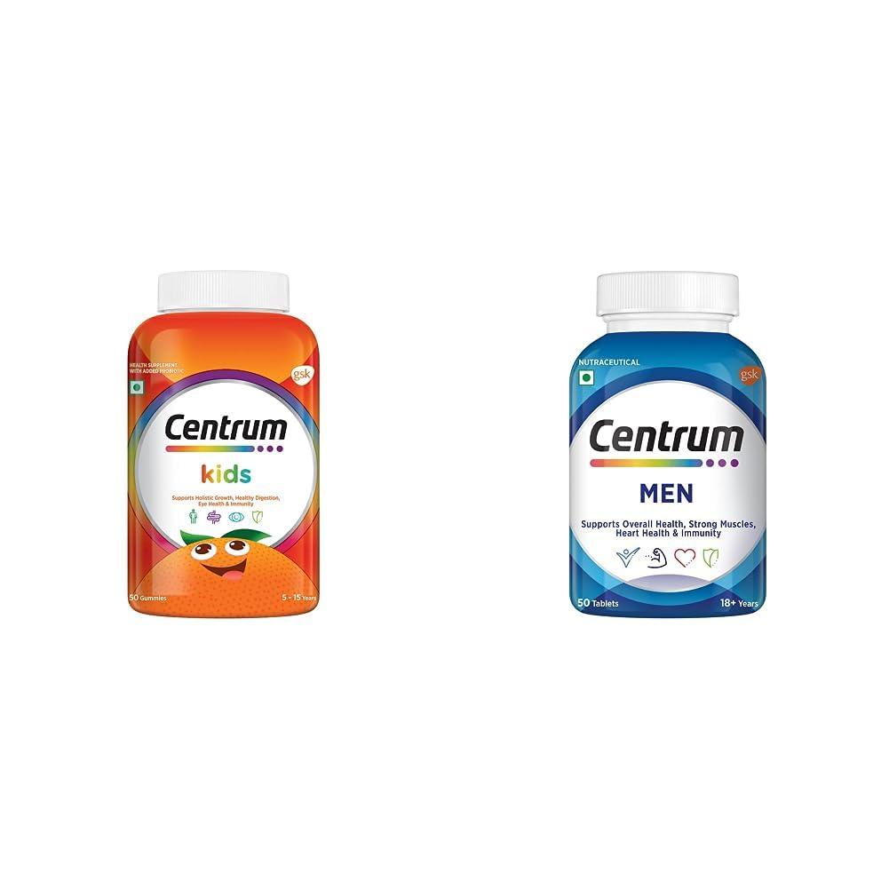 Centrum Centrum Kids, Multivitamin with Probiotics, Vitamin C & 11 other nutrients(Veg) - 50 Gummies & Centrum Men, Multivitamin with Grape seed extract (Veg) 50s