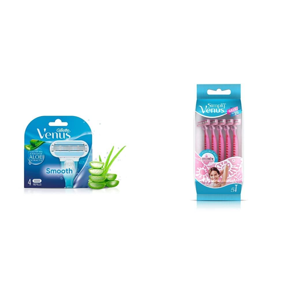 Gillette Venus Gillette Venus Hair Removal Razor Blades/Refills/Cartridges for Women - 4 Pieces (Aloe Vera Glidestrip) & Gillette Venus Simply Venus Pink Hair Removal for Women - 5 razors (B4G1)