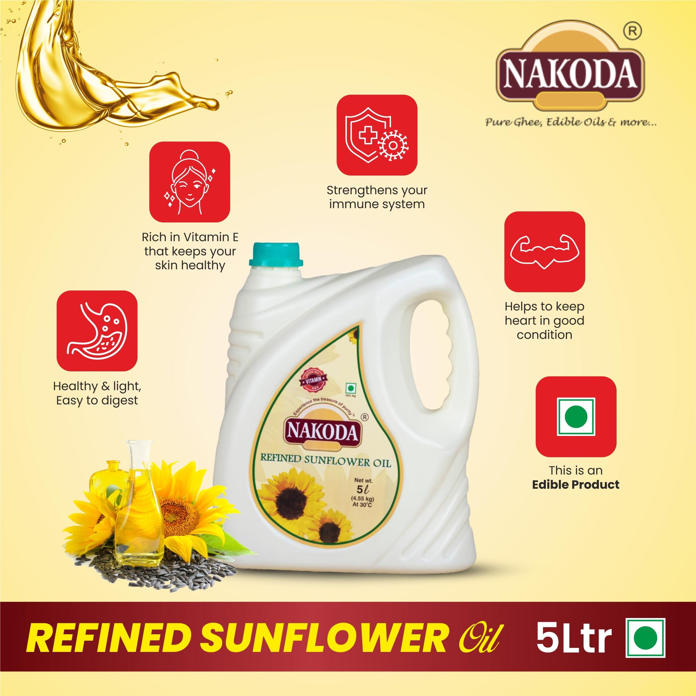 NAKODA NAKODA Sunflower Oil 5 Liter, Edible Oil for Cooking & Frying, Everyday Kitchen Use, Vegetable Oil, Healthiest Cooking Oil, Natural and pure oil