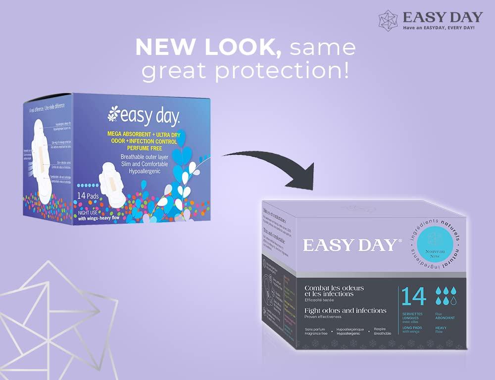EasyDay EasyDay Overnight/Heavy Flow Sanitary Pads for Women, with Wings, Unscented, Hypoallergenic, Mega Absorbent, Odour & Infection Control, Individually Wrapped, Ultra Thin - 28 Count Pack
