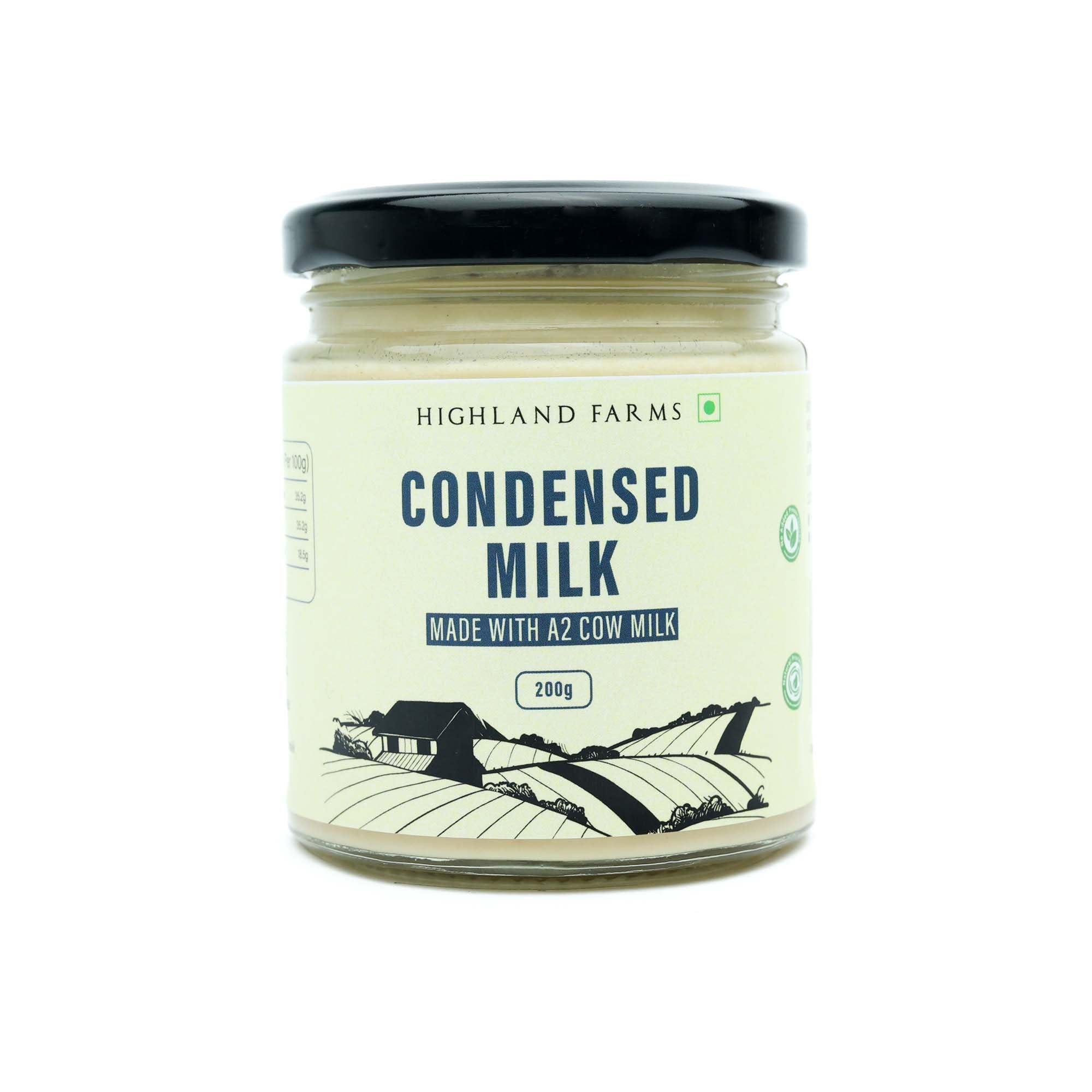 Highland Farms Highland Farms Condensed Milk | made with Free range A2 Milk | Omega-3 reduce the risk of heart disease & stroke | rich in protein, Vitamin A and Potassium | glass packaging | 325g
