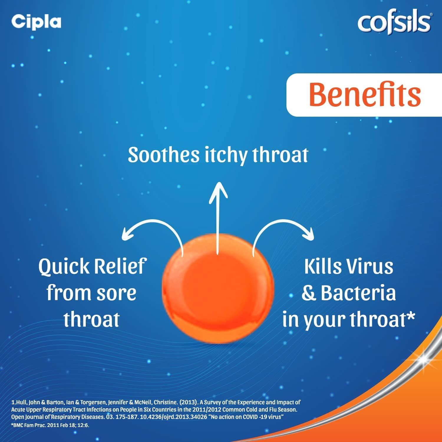 Cipla Cipla Cofsils Lozenges (200 Lozenges) | Orange Flavour | Quick Relief from Sore Throat, Itchy Throat and Scratchy Throat (10 x 20 Strips)