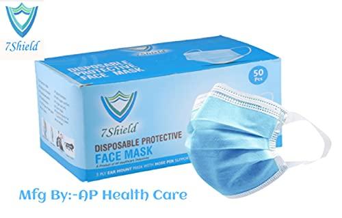 7Shield 7Shield Disposable Surgical 3Ply Unisex Mask - Ultra Soft Fabric Wide Ear Loop, Comfortable, Inbuilt Plastic Coated Nose Pin, CE and ISO Certified, Convenient Box Pack of 500 (Medical Blue Color)
