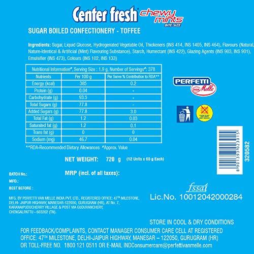 Center Fresh Center Fresh Mint, Chewy Mints, Spearmint Flavour Candy Pouch, 720 g-Pack of 12