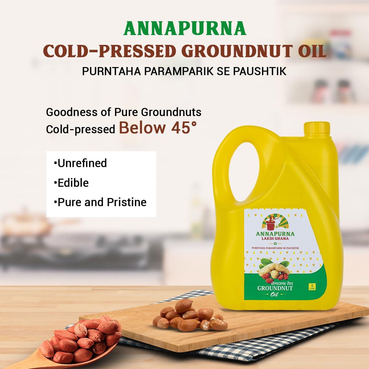 Annapurna Lakdi Ghana Annapurna Lakdi Ghana Cold Pressed Groundnut/Peanut Oil | Kolhu Kachhi-Ghani Wood Pressed Natural Cooking Oil | Pro Healthy, Chemical Free (5 Litre)
