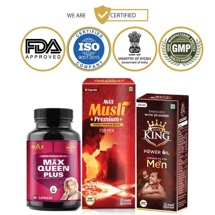Max Ayurveda Max Ayurveda Couple Combo of Musli Premium, King Power Herbal Massage Oil For Men & Max Queen Plus Capsules For Women (60 + 60 Capsules + 1 Oil Bottle)