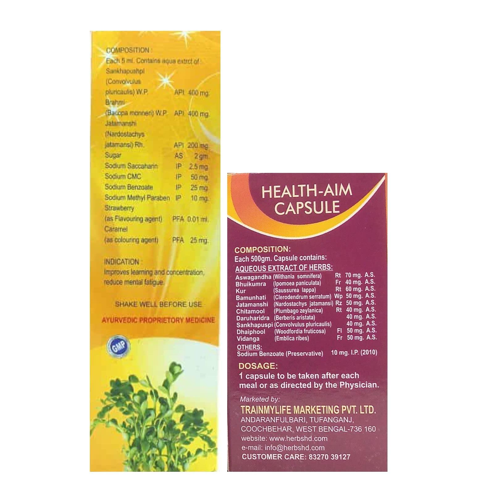 HERBSHD Ayurvedic Sankha Puspi Plus syrup and Health-Aim capsule for improves fatigue & comcentration (combo pack)