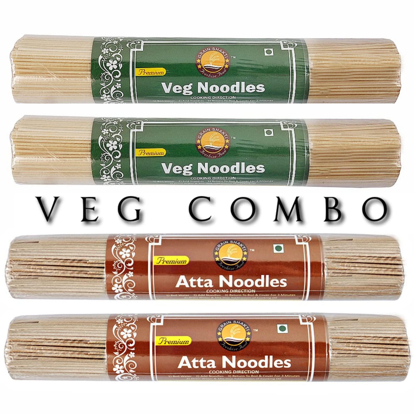 GRAIN SHAKTI GRAIN SHAKTI Premuim Veg Noodles & Premuim Atta Noodles | No Preservatives | 100% Healthy Maida | Serves 4-5 | Veg 350g x 2 Pack | Atta 350g x 2 Pack | Instant Noodles |