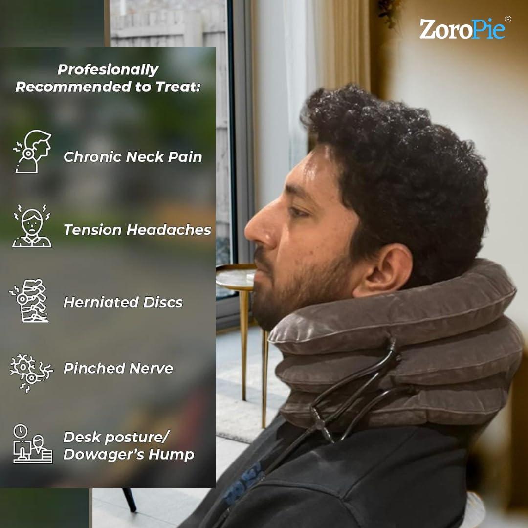 Zoropie Zoropie Cervical Neck Traction Device - One Size Fits All Necks - India Owned Registered - Relief for Chronic Neck & Shoulder Alignment Pain - Inflatable Neck Stretcher Collar for Home Relief