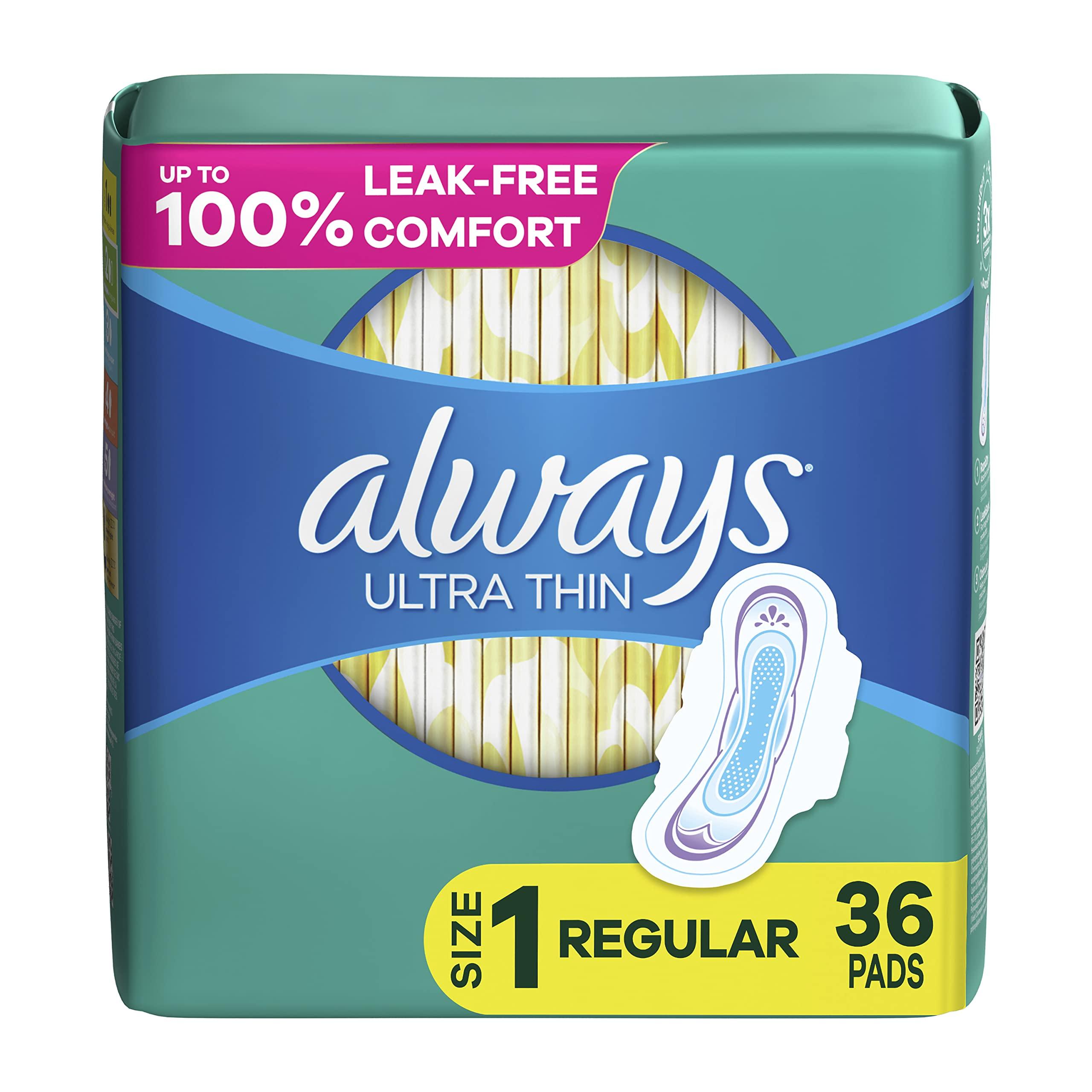 Always Always Ultra Thin, Size 1, Regular Pads With Wings, Unscented 36 Count