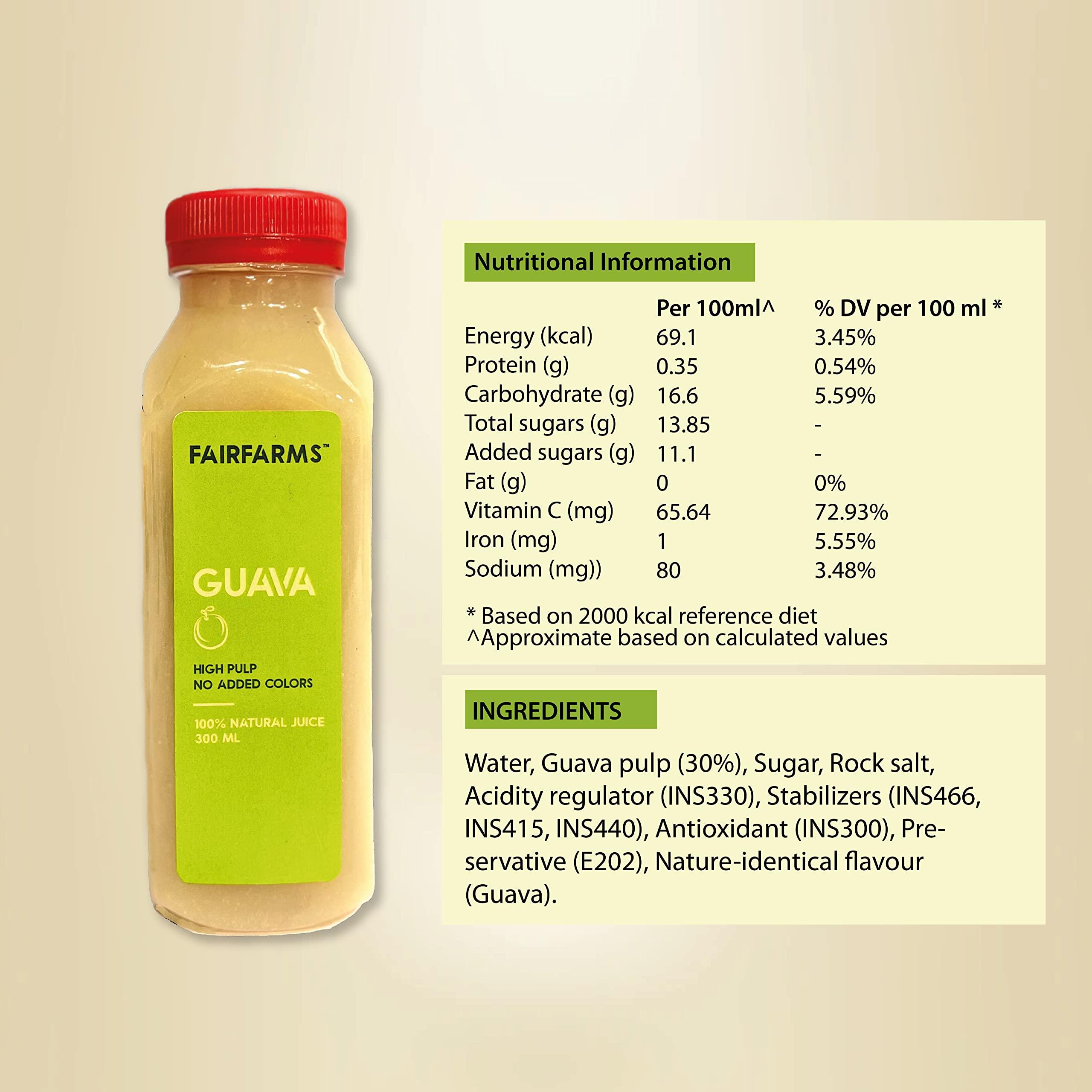 FAIRFARMS Fairfarm Guava Juice | No Added Colour, 0% Concentrate | Enriched with pulp |Rich in VitaminC & Fibre| Improve Digestion,FarmFresh (Pack of 12 X 300ml)