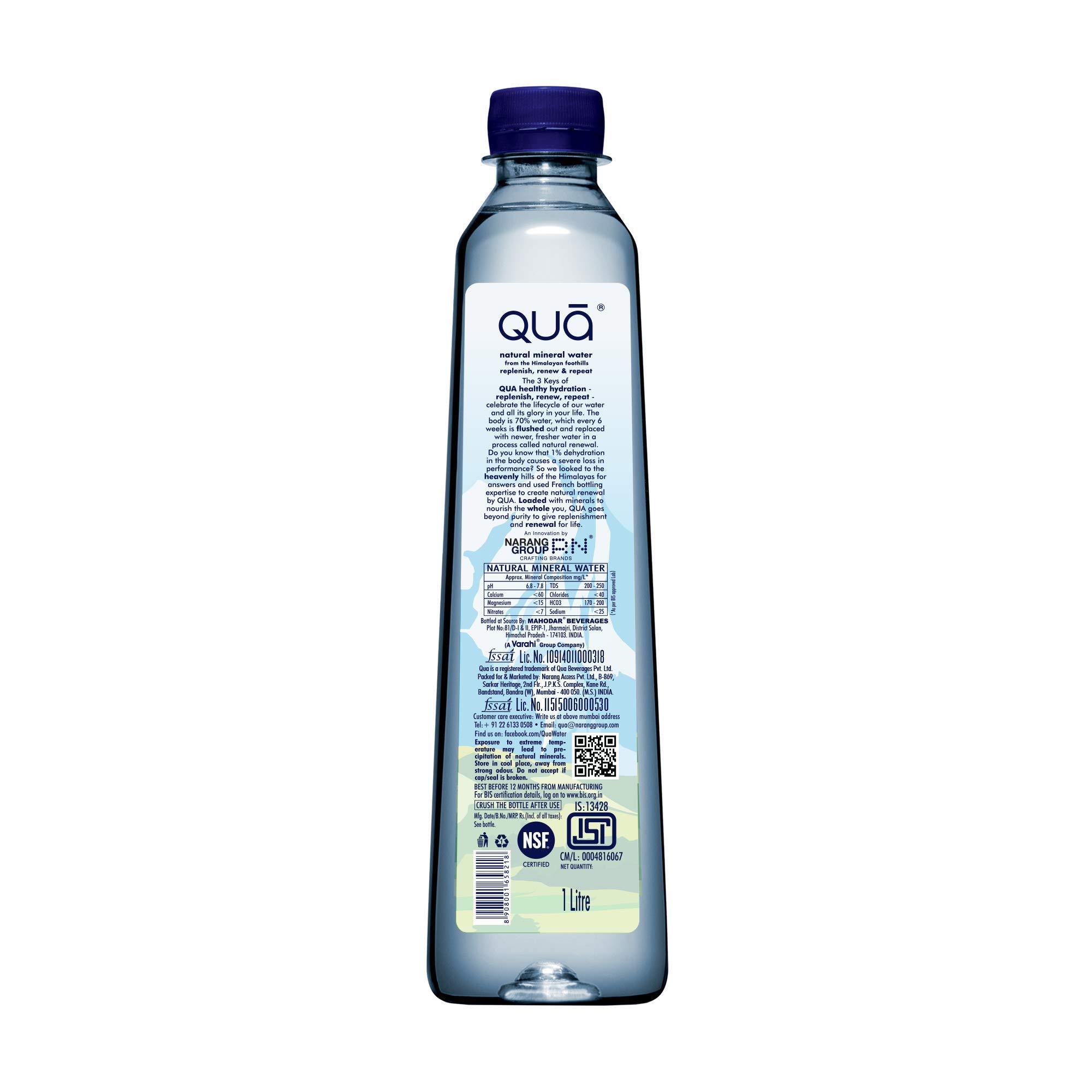 Qua Qua Natural Mineral Water 1000ml | 1000ml x 12 | From the Himalayan Foothills | Rich in Calcium, Magnesium and Other Minerals | Naturally Alkaline | Indias Finest Water | Bottled At Source