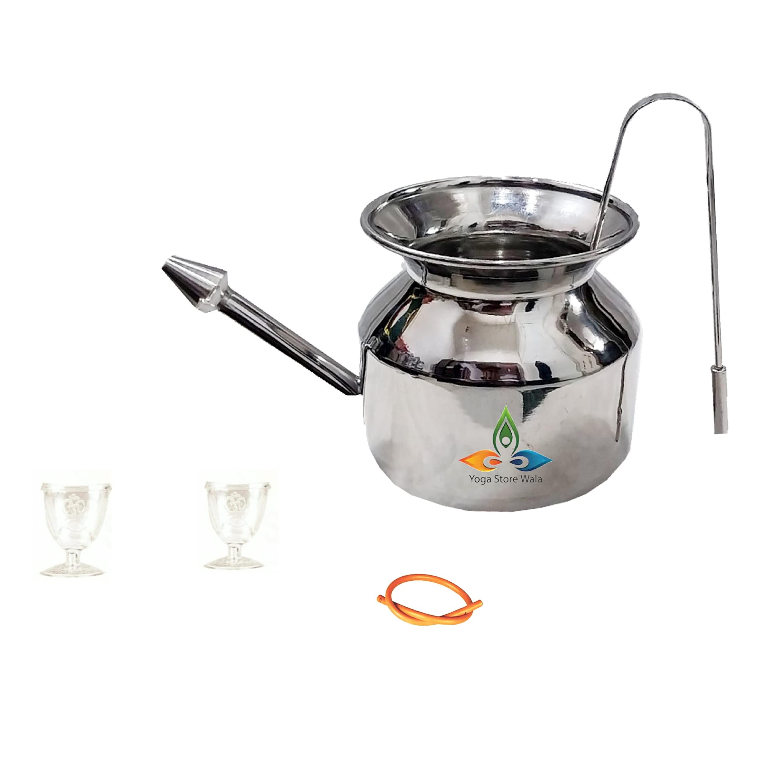Generic Yoga Store Wala Jal Neti Pot Steel with 1 Rubber Neti, Tongue Cleaner & Eye Wash Cup 2 Pcs (Combo Pack)