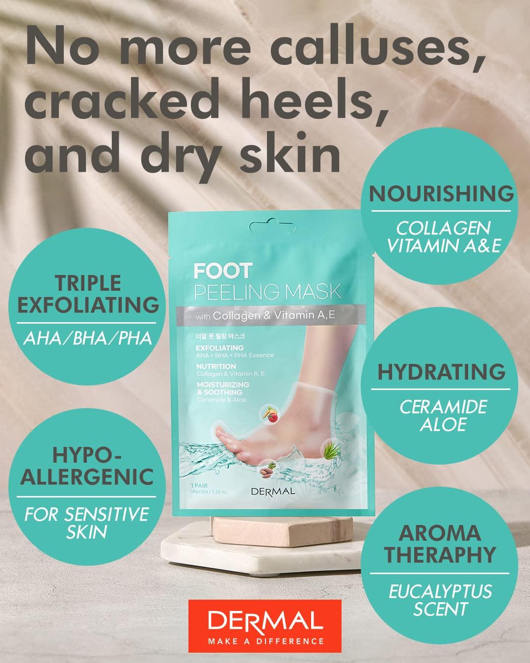 DERMAL DERMAL KOREA Foot Peeling Mask 2 Pack For Dry Foot And Cracked Heel & Callus With Aloe Vera And Collagen - Exfoliating Peel Mask With Aha, Bha, & Pha And For Moisturizing, Soothing & Refreshing Feet