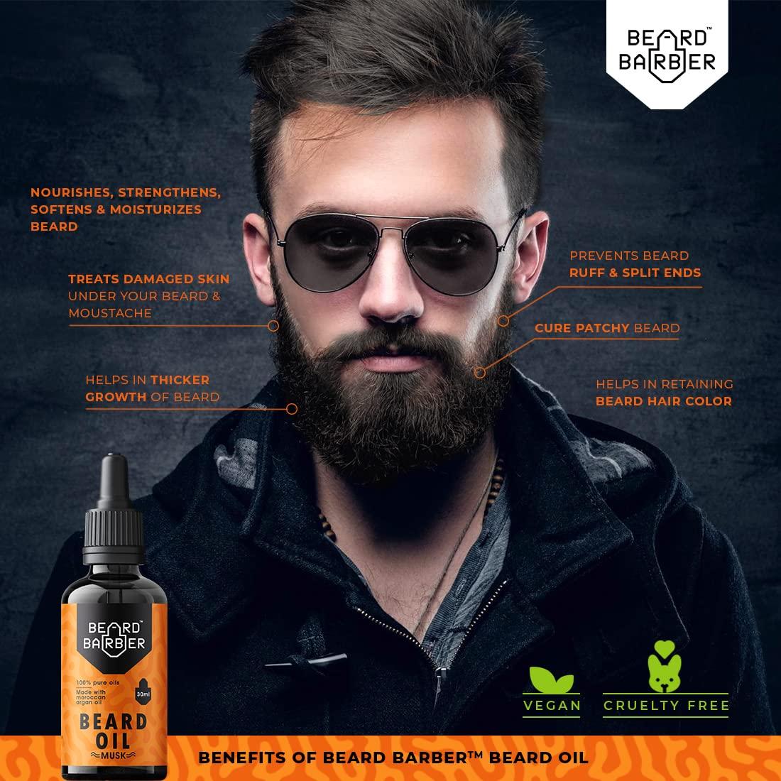 BEARD BARBER Beard Barber | Beard Growth Oil | Thicker & longer Beard with MOROCCAN ARGAN Oil, 100% NATURAL & HERBAL 8 Oils with Vit E, Cure Patchy & Ruff Beard,Split ends, No Paraben/SFS/LLP/Mineral Oil (OUD)