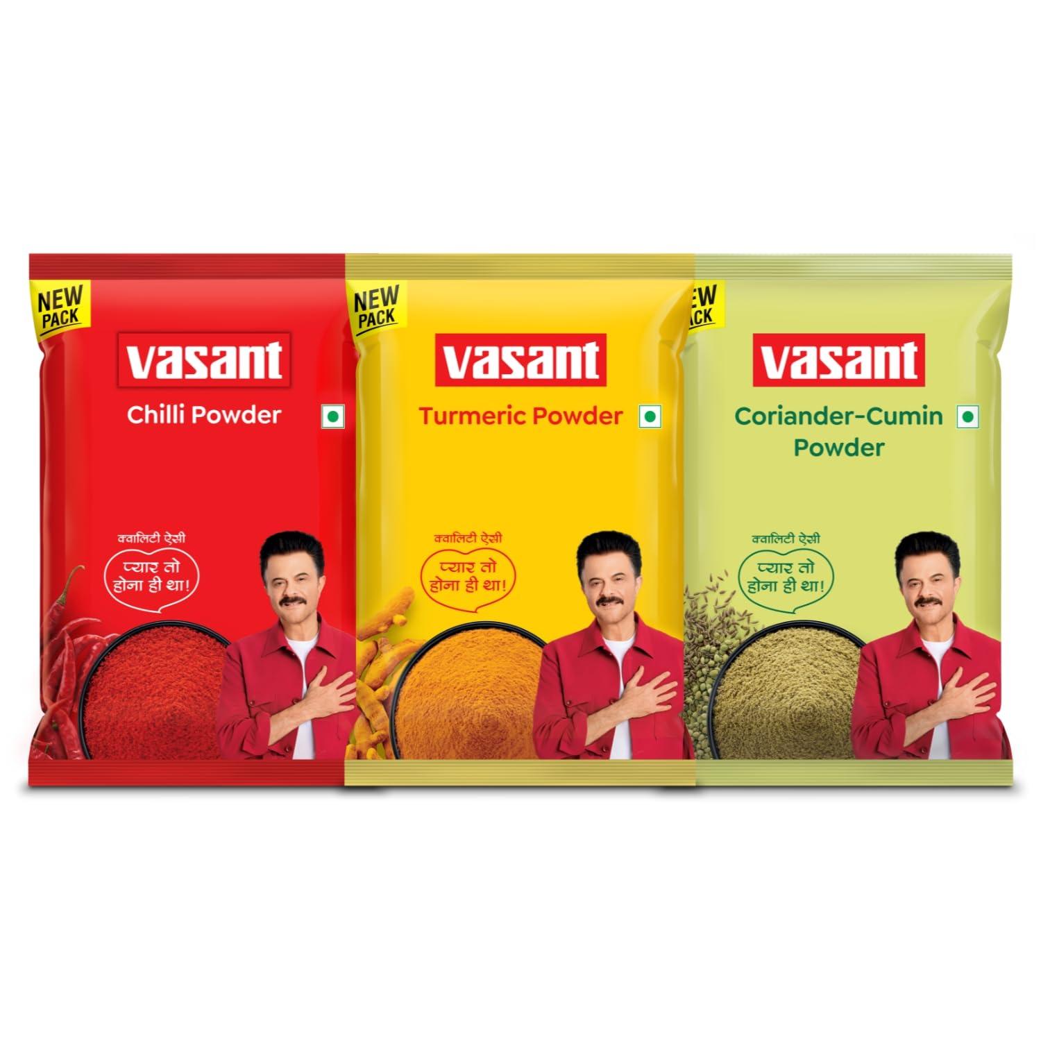 VASANT VASANT Masala Combo Pack of 3 | Combo Pack (Chilli Powder + Turmeric Powder + Coriander Cumin Powder) | Chilli, Chili | Turmeric, Haldi, Haldar | Coriander Cumin, Dhana Jeeru, Dhaniya Jeera | Indian Spices & Masala | Vegetarian | 500 gm each