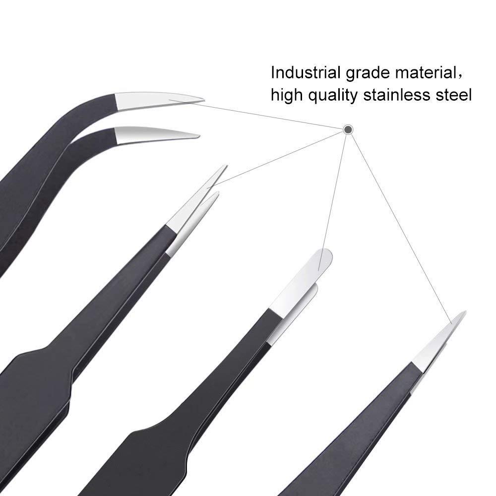 MADHYA MADHYA Tweezers for Ingrown Hair Removal, Surgical Grade Medical Tweezers with Sharp Needle Nose Point Tips Ideal Pointed Tweezers for Splinters & Tick Removal, Black, Pack of 6