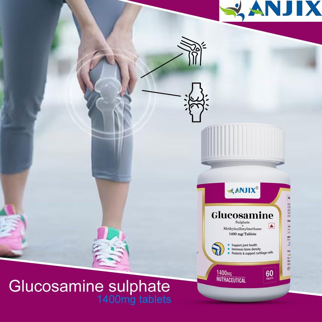 ANJIX ANJIX Glucosamine Sulphate Potassium Chloride 1000mg with MSM 400mg, Glucosamine Tablets for Joint Health Supplement for Cartilage Support, Non- Veg, Pack of 60 Tablets