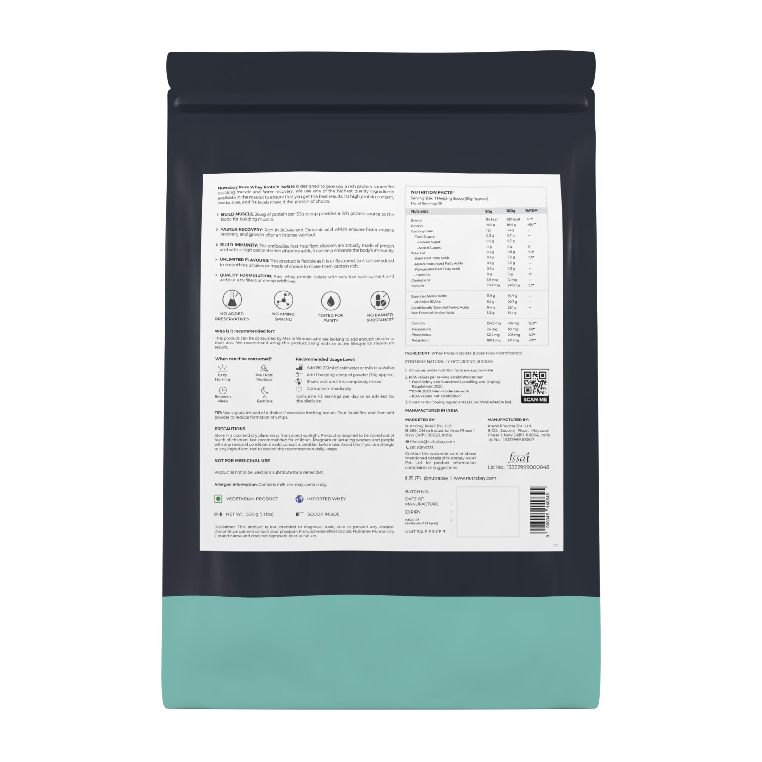 Nutrabay Nutrabay Pure Whey Protein Isolate Powder - 500g, Unflavored | 26.5g Protein, 6.2g BCAA | NABL Lab Tested | Muscle Growth & Recovery | 100% Raw Whey Isolate | For Men & Women