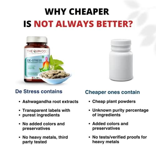 The Quin Co. The Quin Co. \'De-Stress\' - New Age Ashwagandha tablets with Nootropics | 5% Withanolides | Stress Relief & Anxiety | -1200 MG/Serving | Plant Based - 60 Veg tablets