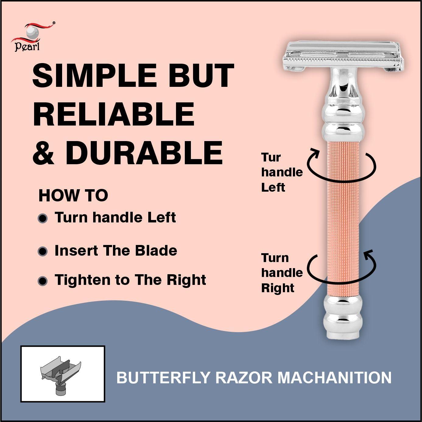 PEARL Pearl Shaving Double Edge Butterfly Safety Razor SBF-11 (Rose Gold) made with Brass Metal - Best Shaving Razor for Men | Classic & Traditional shaving Kit for Men | Premium blade razors | Holi gift options