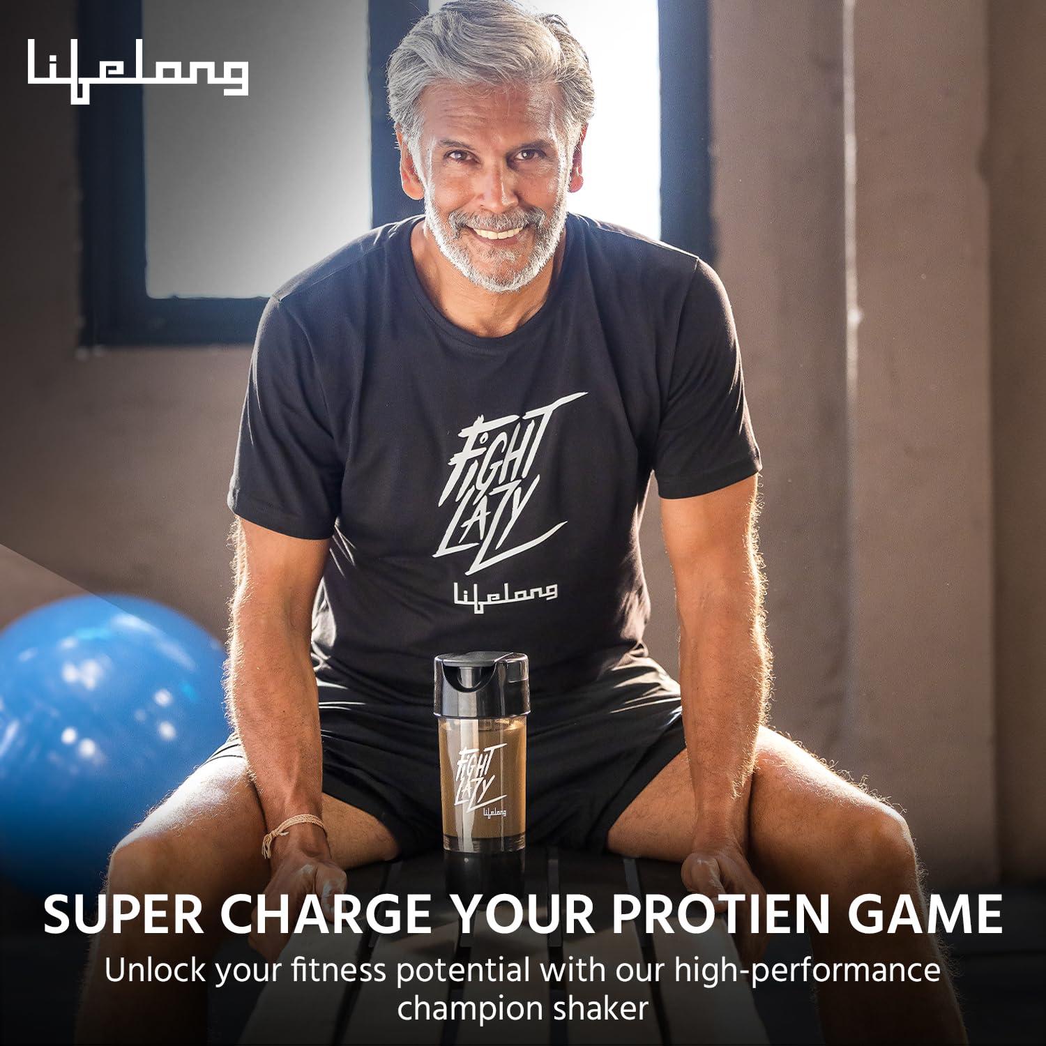 Lifelong Lifelong Protein Shaker|100% Leakproof Stylish Protein Shaker Bottle with Extra Compartment|BPA Free Sipper Bottle|Gym Bottle for Protein- 500ml (LLSHB02, Black),Plastic