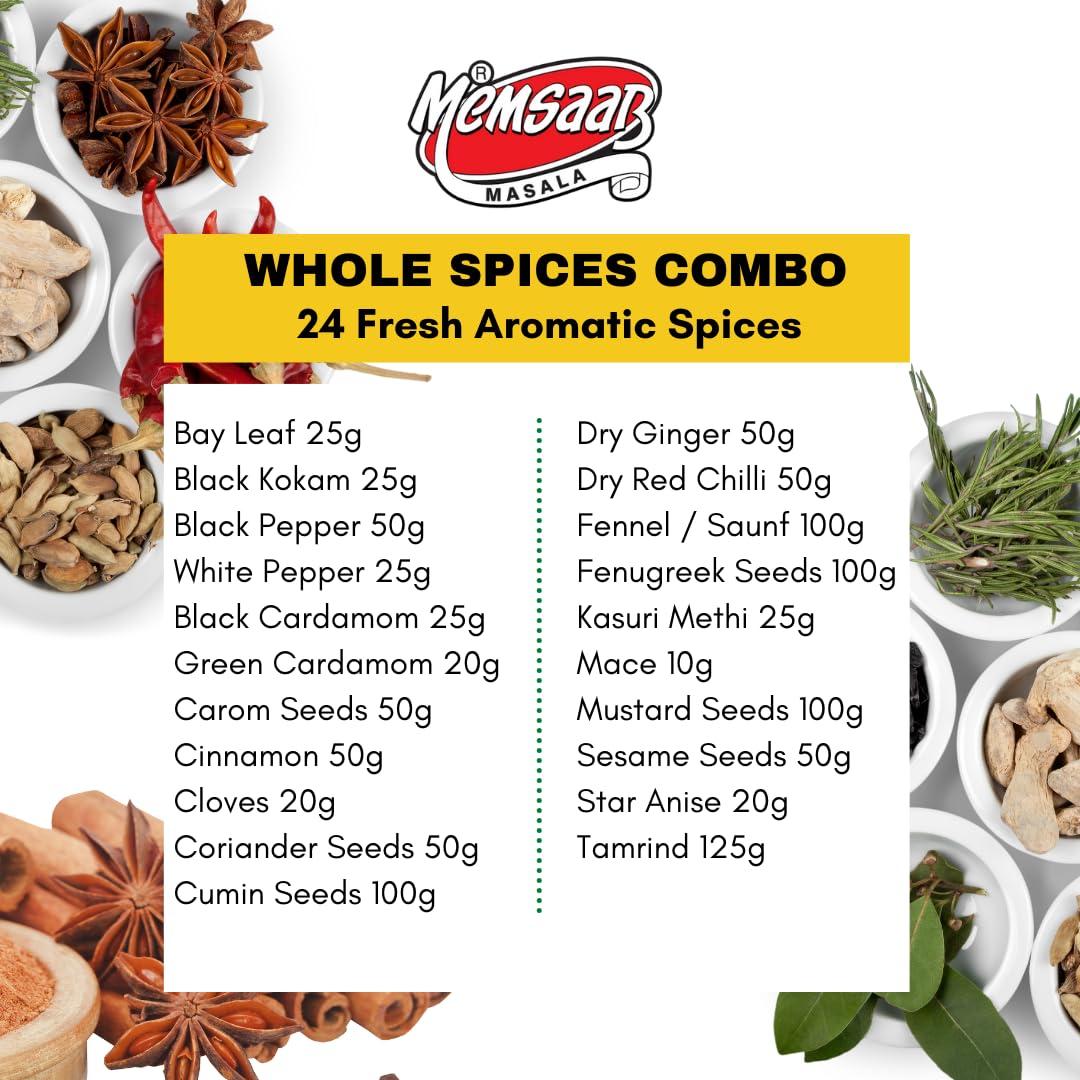 Memsaab Memsaab Set of 23 Genuine Aromatic Whole Spices Garam Masala Combo 1.23 kg Sabut Masala with FREE CONTAINER | Khada Masala | Cardamom, Kasuri Methi, Cinnamon, Jeera, Dry Ginger, Mustard, Kokam & More