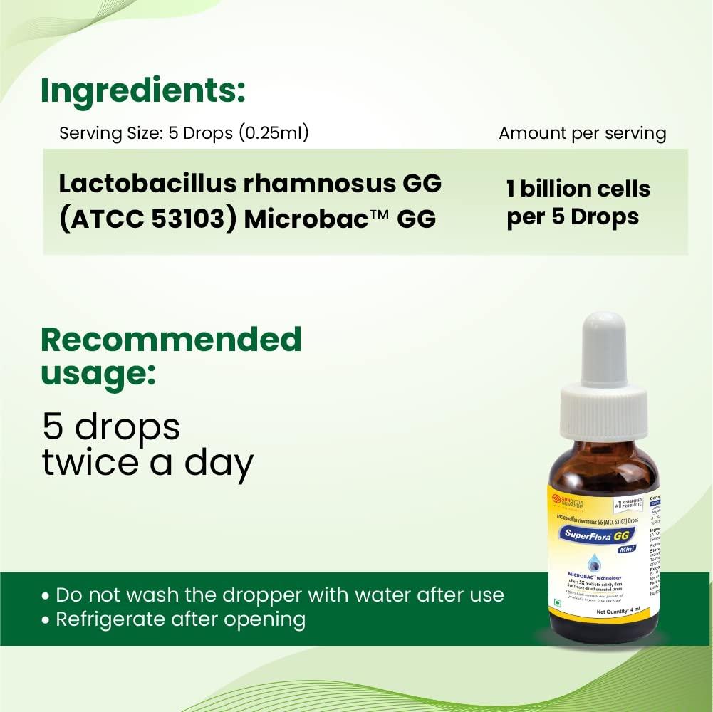 Sundyota Lifecare Sundyota's Superflora GG Probiotic Supplement MINI Drops | Specially designed for baby for diarrhoea in kids and badies | 5x superior efficacy | Flavor-less lactobacillus probiotic | 4ml Mini Pack