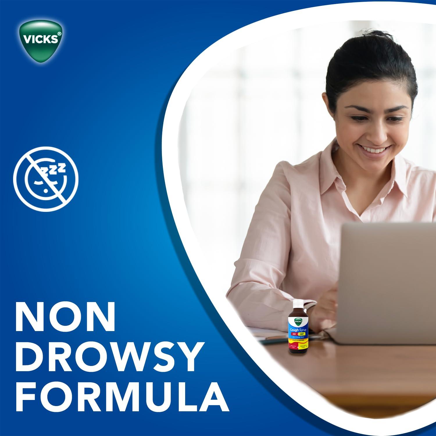 Vicks Vicks Cough Syrup, 100ml Bottle - Fast Relief for Dry & Chesty Coughs with Tulsi & Ginger, Ayurvedic Ingredients, Non-Drowsy Formula, Easy to Carry, Over-the-Counter (OTC)