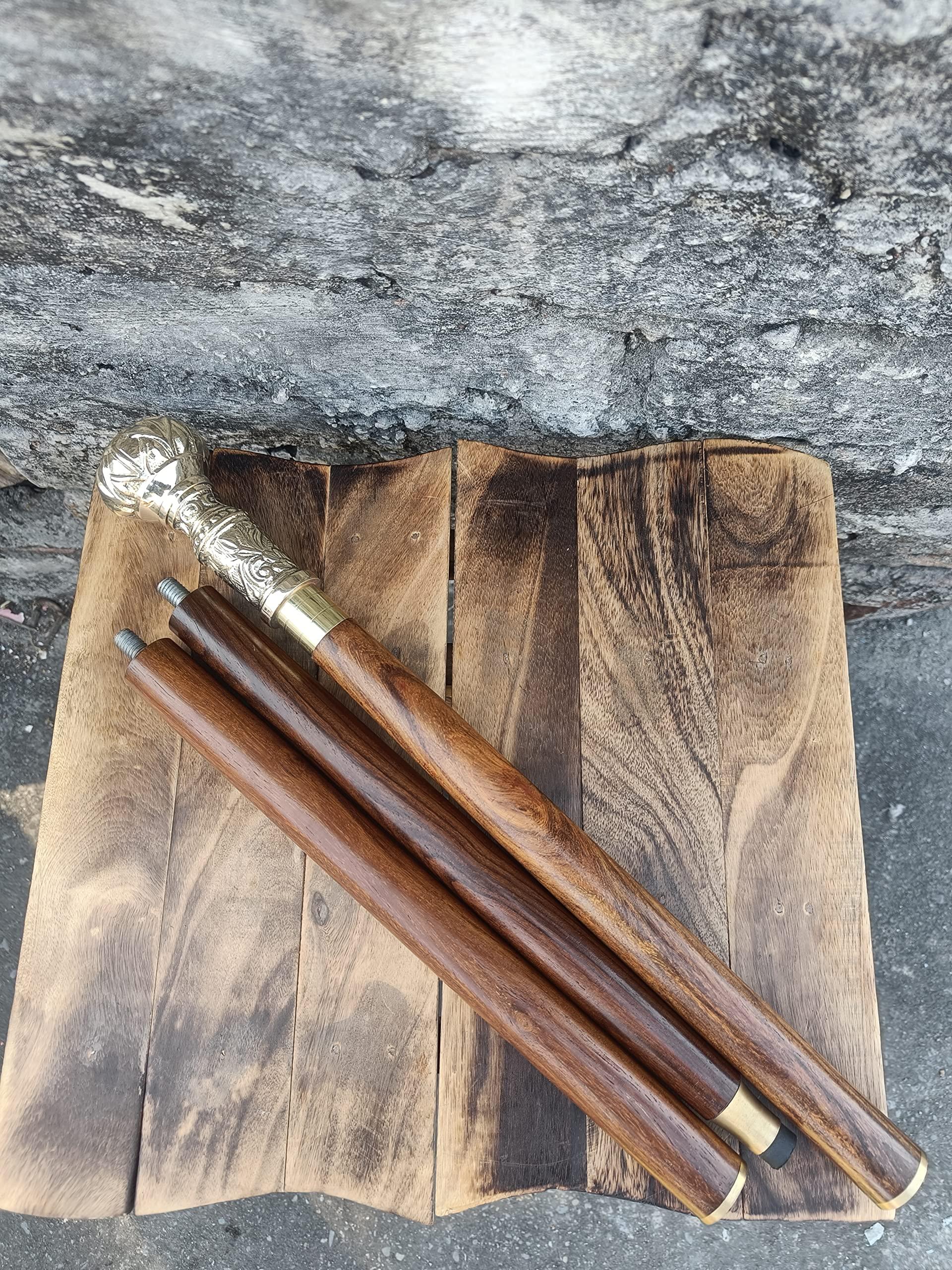 Dthrei Company Wooden Brown Plain Walking Stick with Solid Brass Designer Handle Victorian Cane Best for Gift