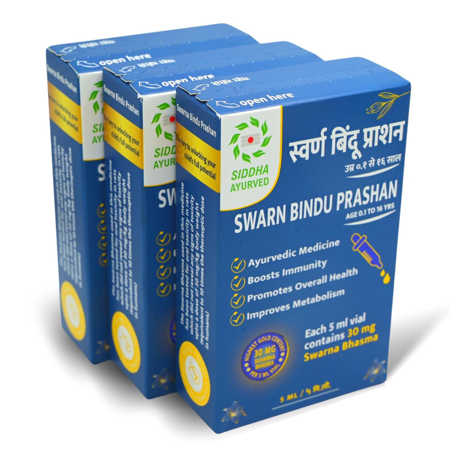SIDDHA AYURVED Siddha Ayurved Swarn Bindu Prashan - Swarnaprashan for Kids with Pure 24CT Gold Ash - Swarna Bhasm (0.6% / 90 Mg) / GMP certified & AYUSH approved / 15 ML/PACK OF 3/300+ Drops