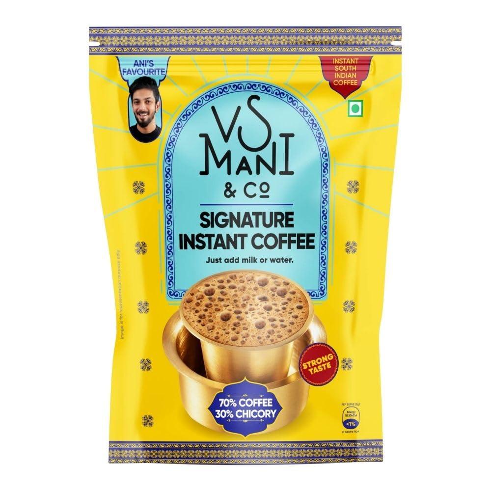 VS MANI & CO. VS Mani & Co Signature Instant Coffee Powder - Pack of 1 (100 gm) Makes 60 Cups - 60% Coffee and 40% Chicory - Strong and Aromatic Signature Instant Coffee, No Added Preservatives | Sugar |Flavours
