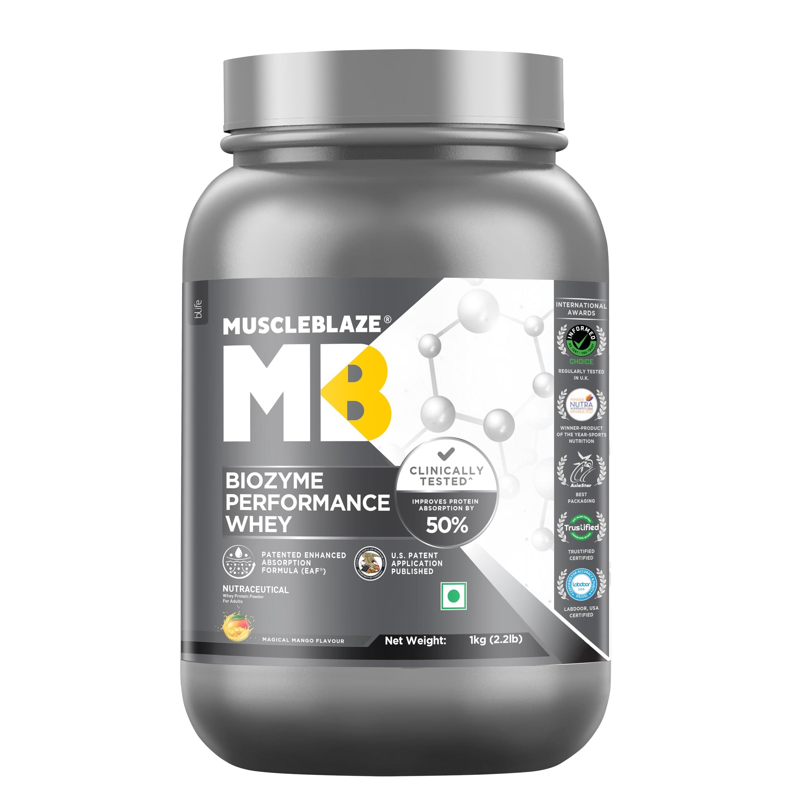 MuscleBlaze MuscleBlaze Biozyme Performance Whey Protein | Clinically Tested 50% Higher Protein Absorption | Informed Choice UK, Labdoor USA Certified & US Patent Filed EAF (Magical Mango, 1 kg / 2.2 lb)