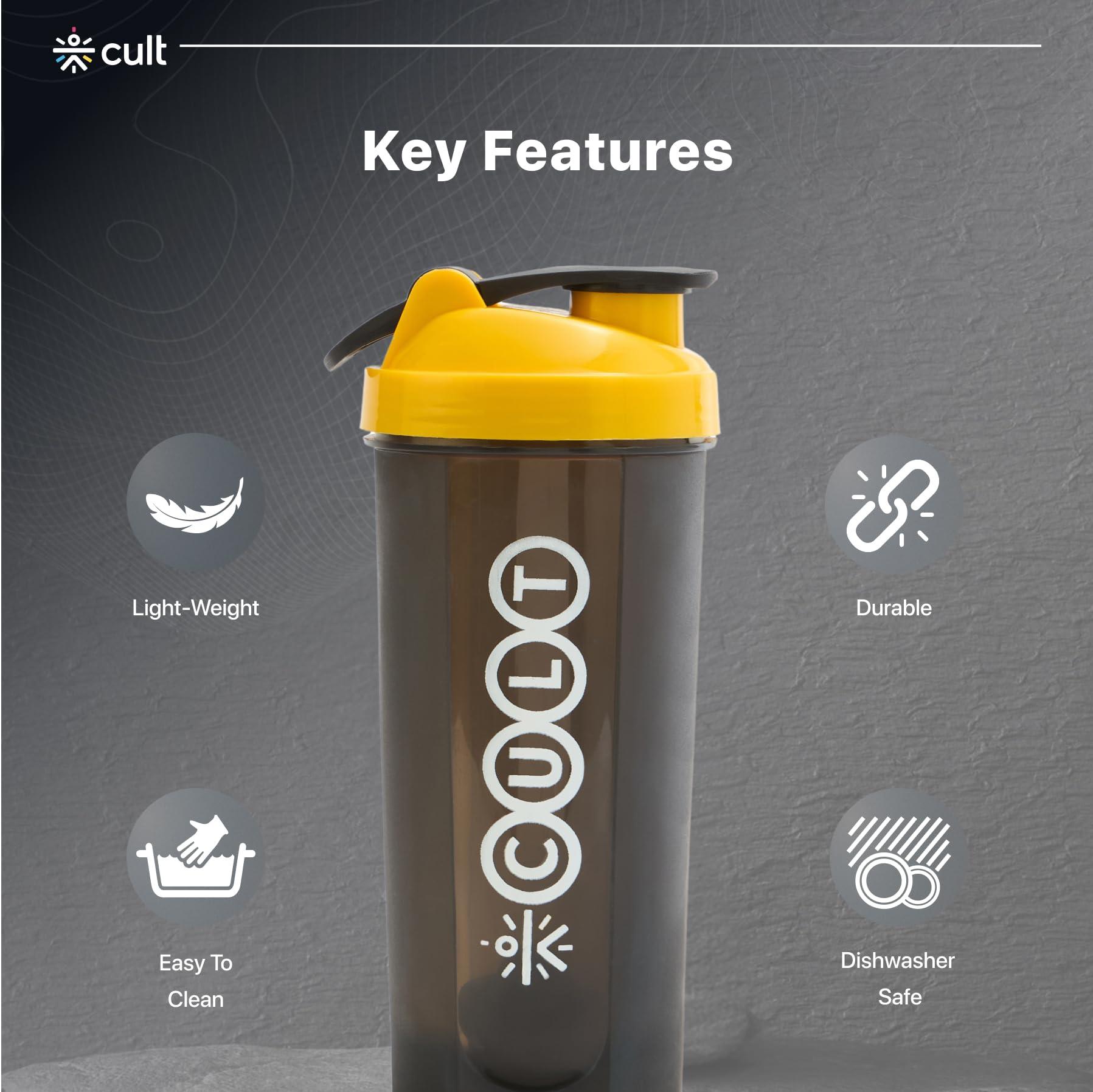 CULT CULT Gym Shaker Bottle | 700ml Shaker Bottle For Protein Shake | Leakproof | Protein Shaker Sipper Bottle | Ideal For Protein, Pre Workout And Gym | Shaker Bottle for Men & Women | Black Yellow
