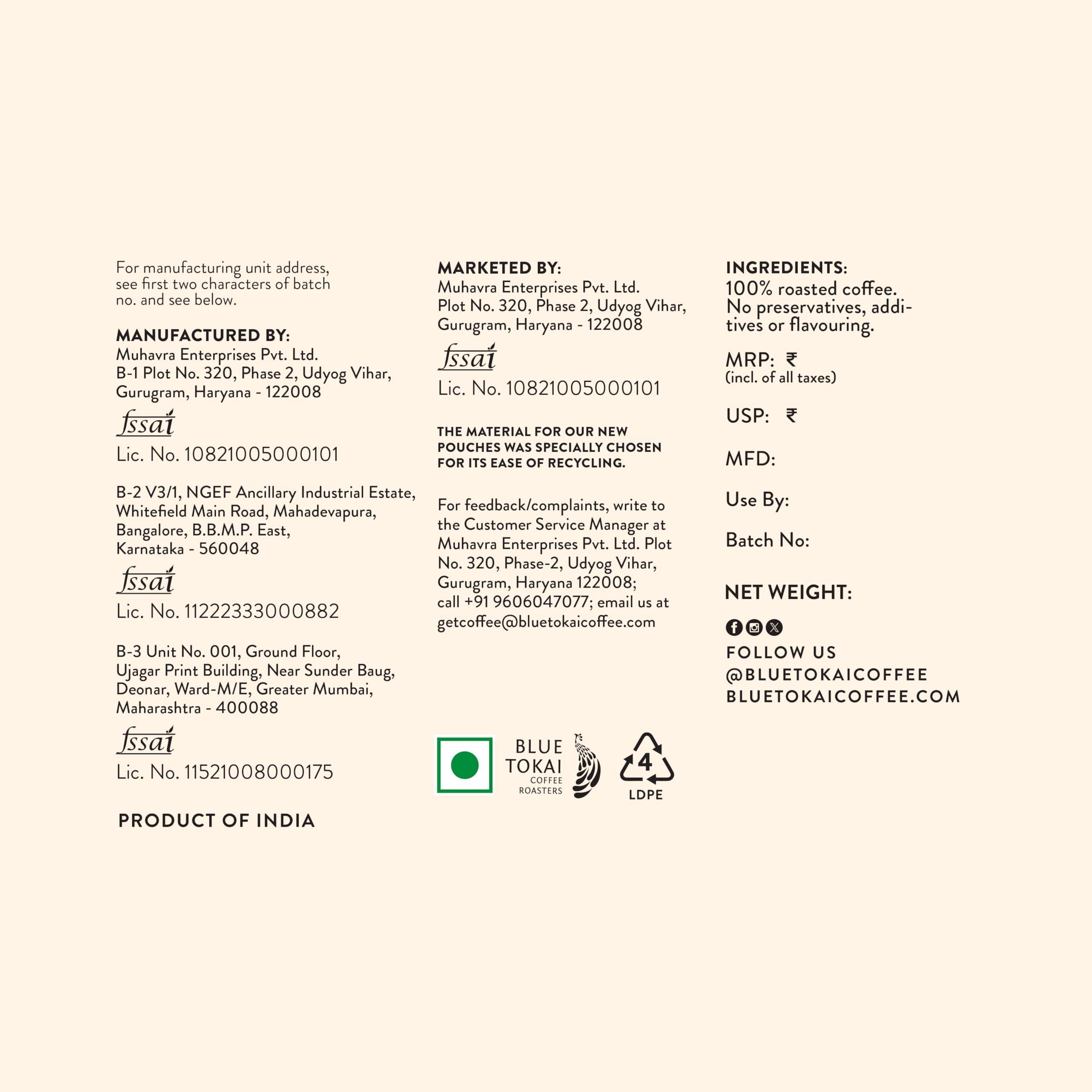 Blue Tokai Coffee Roasters Blue Tokai Coffee Roasters French Roast - Dark Roast (Channi Grind) 500g | Made With 100% Specialty Grade Arabica Freshly Roasted Ground Coffee, Bag