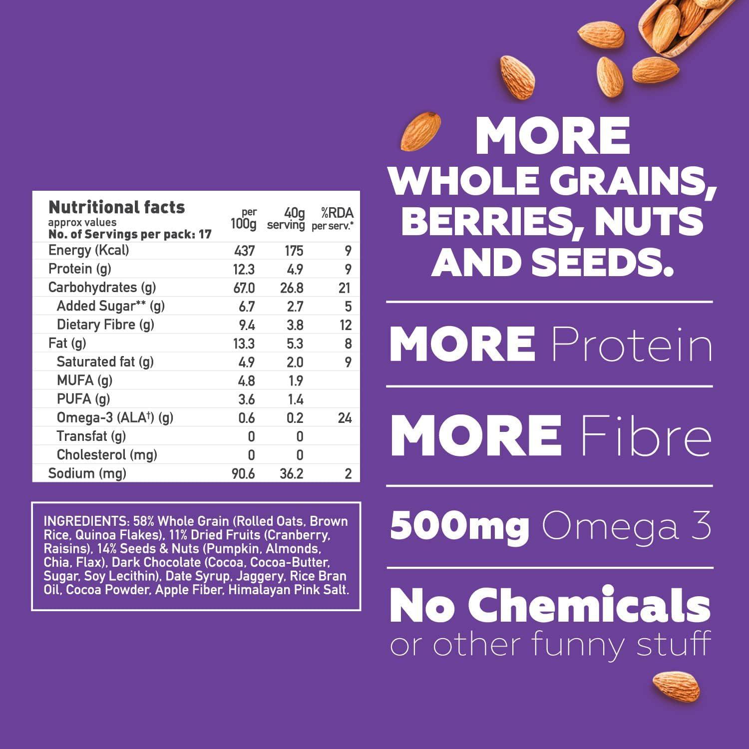 Yogabar Yogabar Wholegrain Breakfast Muesli - Dark Chocolate + Cranberry, 700g (Pack of 3) (Super Saver Pack) | Healthy Breakfast Cereals | Granola| Antioxidant Rich | Healthy Food for Breakfast |Protein Rich