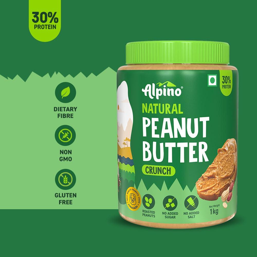 Alpino ALPINO Natural Peanut Butter Crunch 2kg - 100% Roasted Peanuts - 30g Protein, No Added Sugar & Salt, Gluten Free Plant Based, Unsweetened Peanut Butter Crunchy - 1kg, Pack of 2