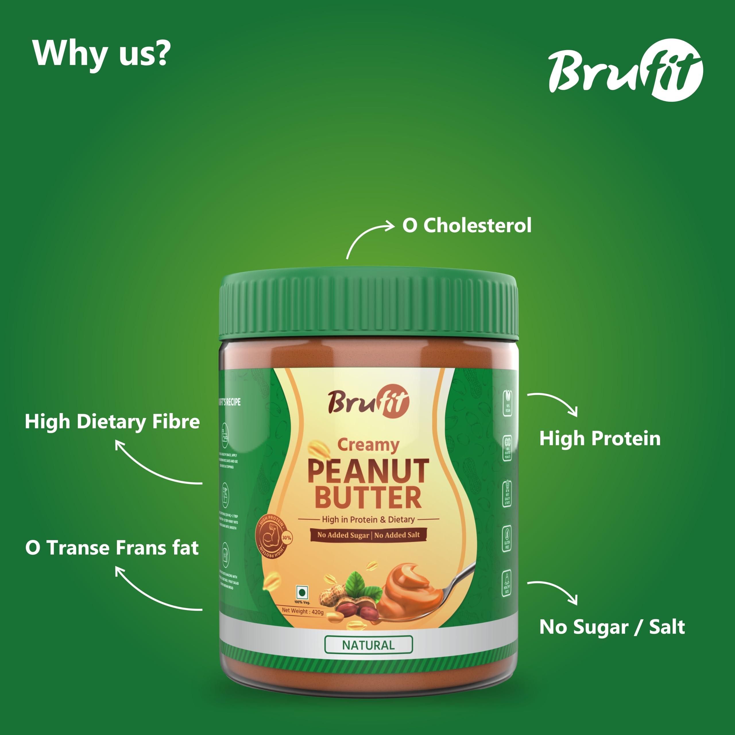 Brufit BruFit Natural Peanut Butter | 30g Protein | Unsweetened Healthy Nut Butter Spread with NO added Sugar | No-Cholesterol & Gluten | Zero Tans Fat | Creamy Peanut Butter (420 g)