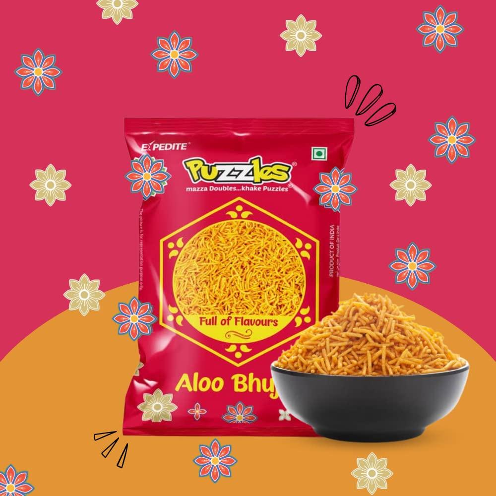 Puzzles PUZZLES Chatpata Namkeen Box, Aloo Bhujia + Party Mix, Special Namkeen Combo, India\'s Favourite Snack Made with All-Natural Ingredients, 170gm x Pack of 2