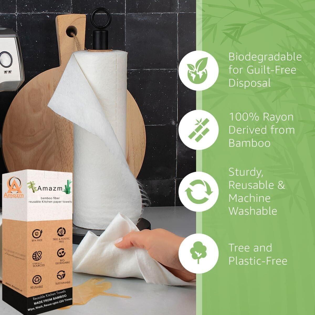 Amazm Amazm (60 SHEETS) Bamboo Reusable Paper Towels - Heavy Duty & Super Absorbent Kitchen Towel | Durable, Ecofriendly Bamboo Kitchen Towel Roll | Machine Washable Paper Towel | 10\"x11\" Sheets