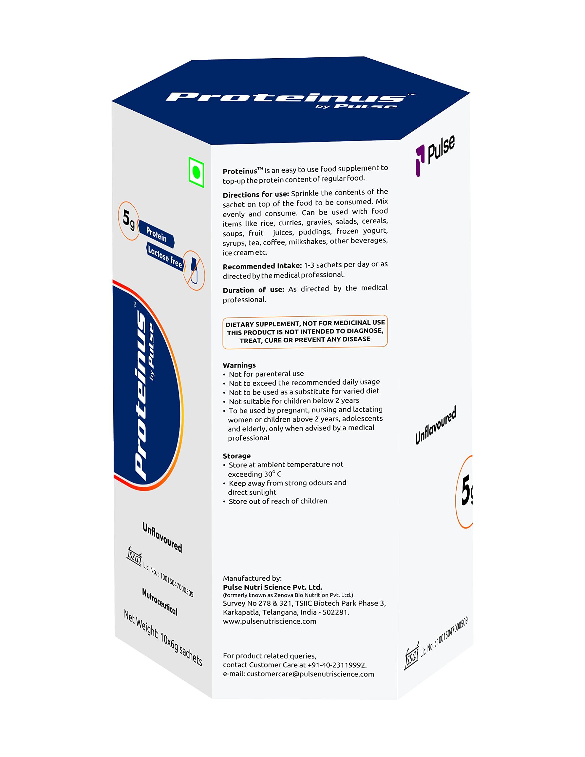 Pulse Nutri Science (Formerly Known as Zenova Bio- Proteinus by Pulse- 100% Whey Protein - 10 * 6g Sachets (5g protein/Sachet), Unflavoured, Sprinkler/Top up for any food item