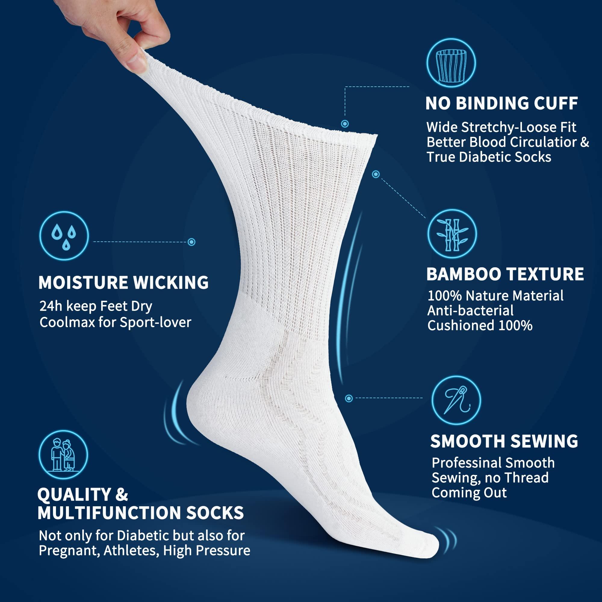 LIN LIN Diabetic Socks for Men & Women, 6 Pairs Crew/Ankle Socks with Cushion, Non-Binding, Extra Wide Top, Loose Fit