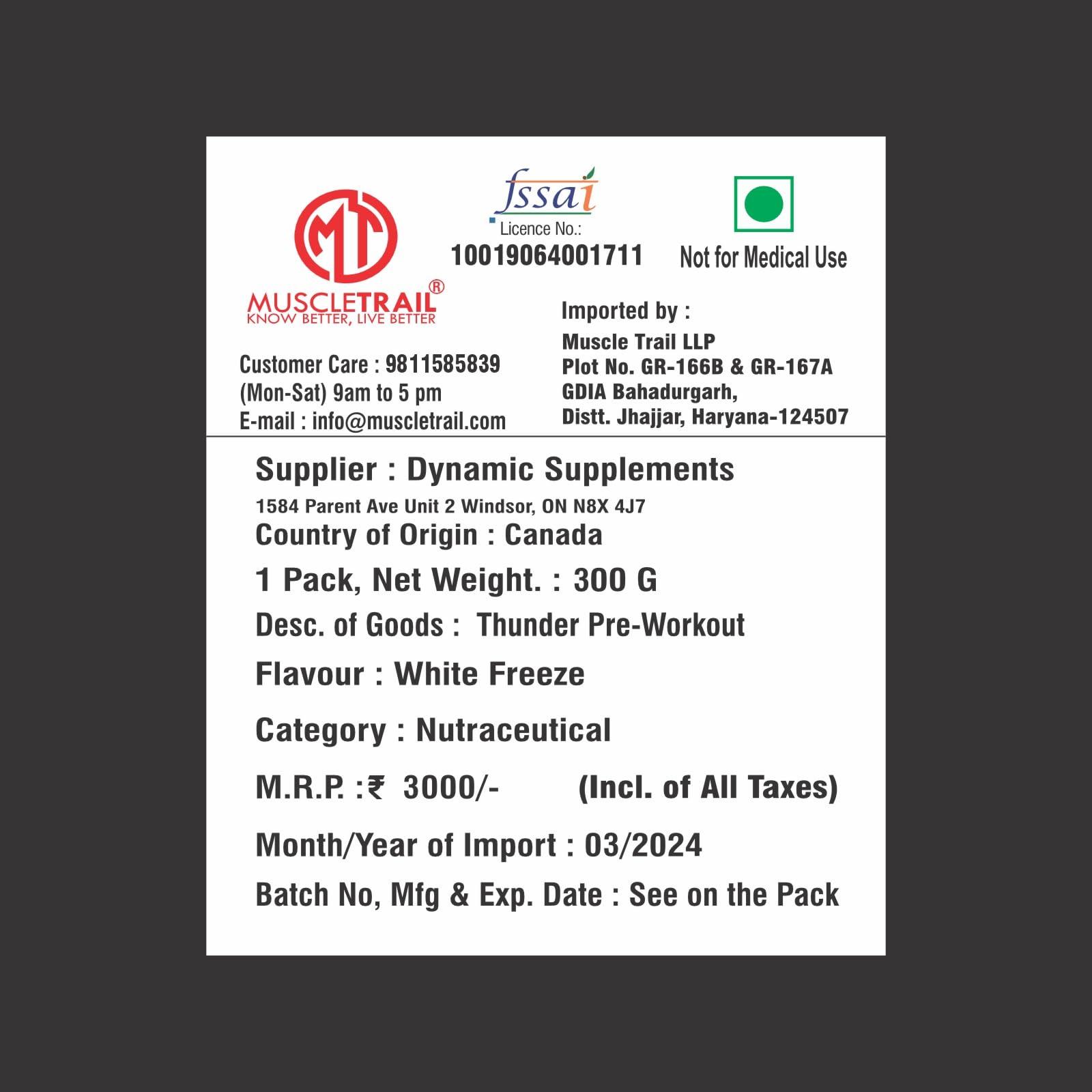 Muscle Trail MUSCLETRAIL Thunder Pre Workout - Amino Energy Supplement for Men and Women | 40 Servings | (Imported, Made In Canada) |White Freeze Flavor