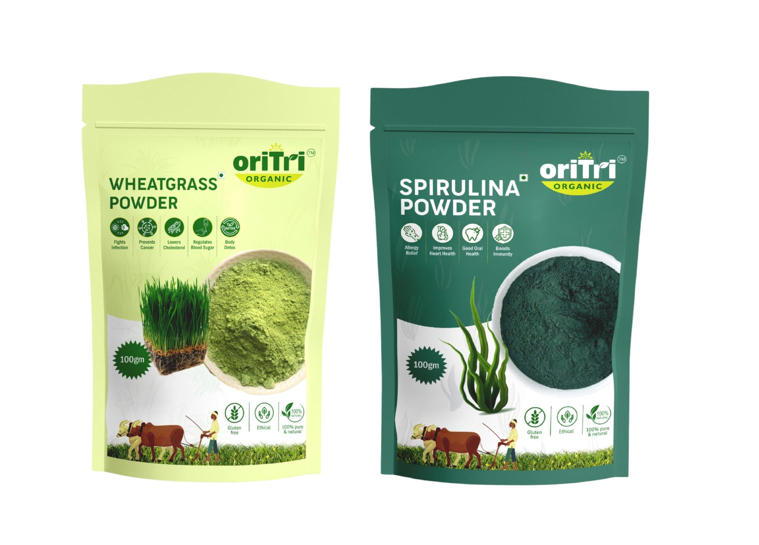 Oritri Organic Oritri Organic Wheat Grass Powder & Spirulina Powder: Nature\'s Powerhouse to Manage Blood Sugar, Immunity, Detox & Reduce Inflammation (Combo Pack)