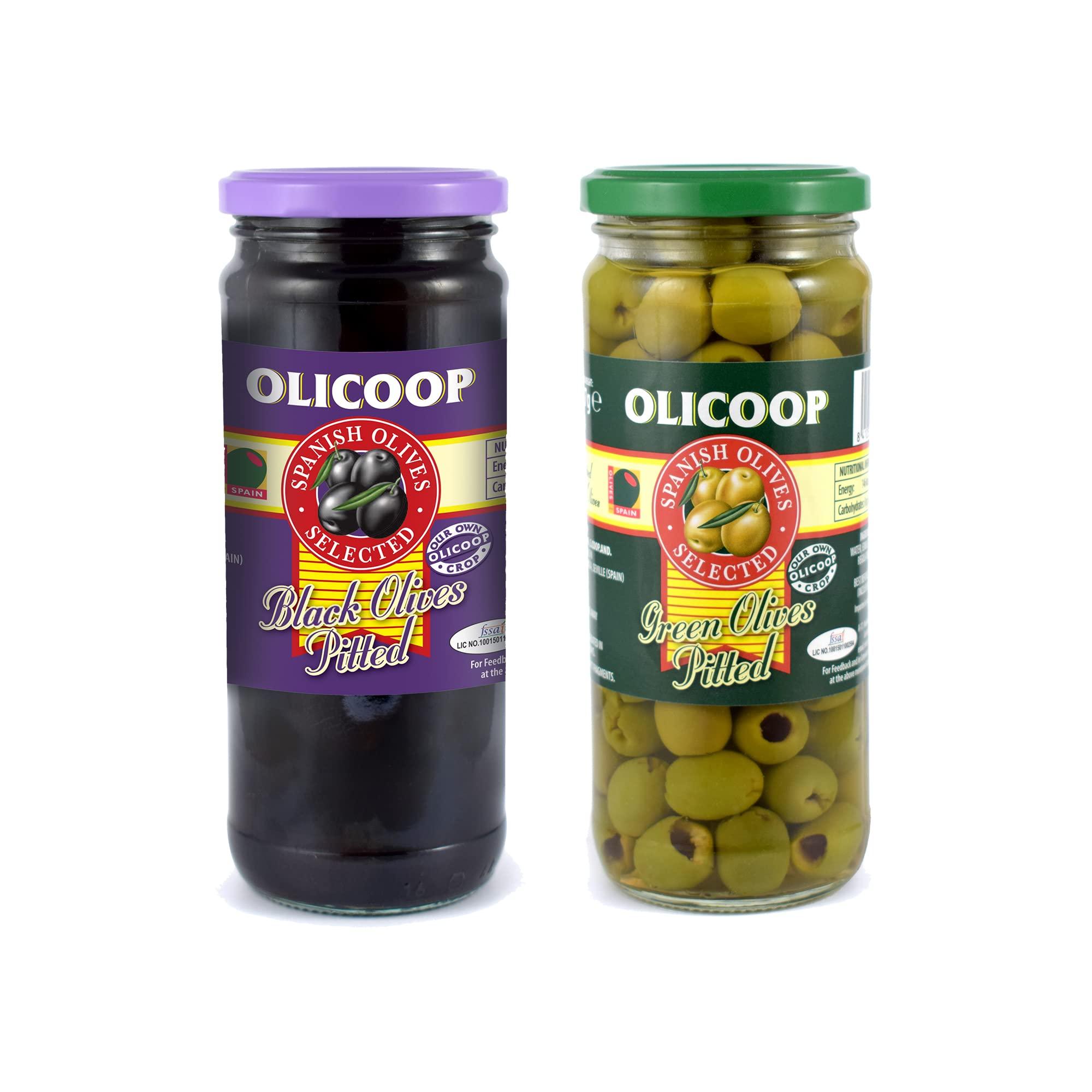 Olicoop Olicoop Black Pitted Olives + Green Pitted Olives, 450g, Pack of 1 Unit Each, for Authentic Taste in Cooking, Snacking, Pizzas toppings or Italian Pastas Ingredient