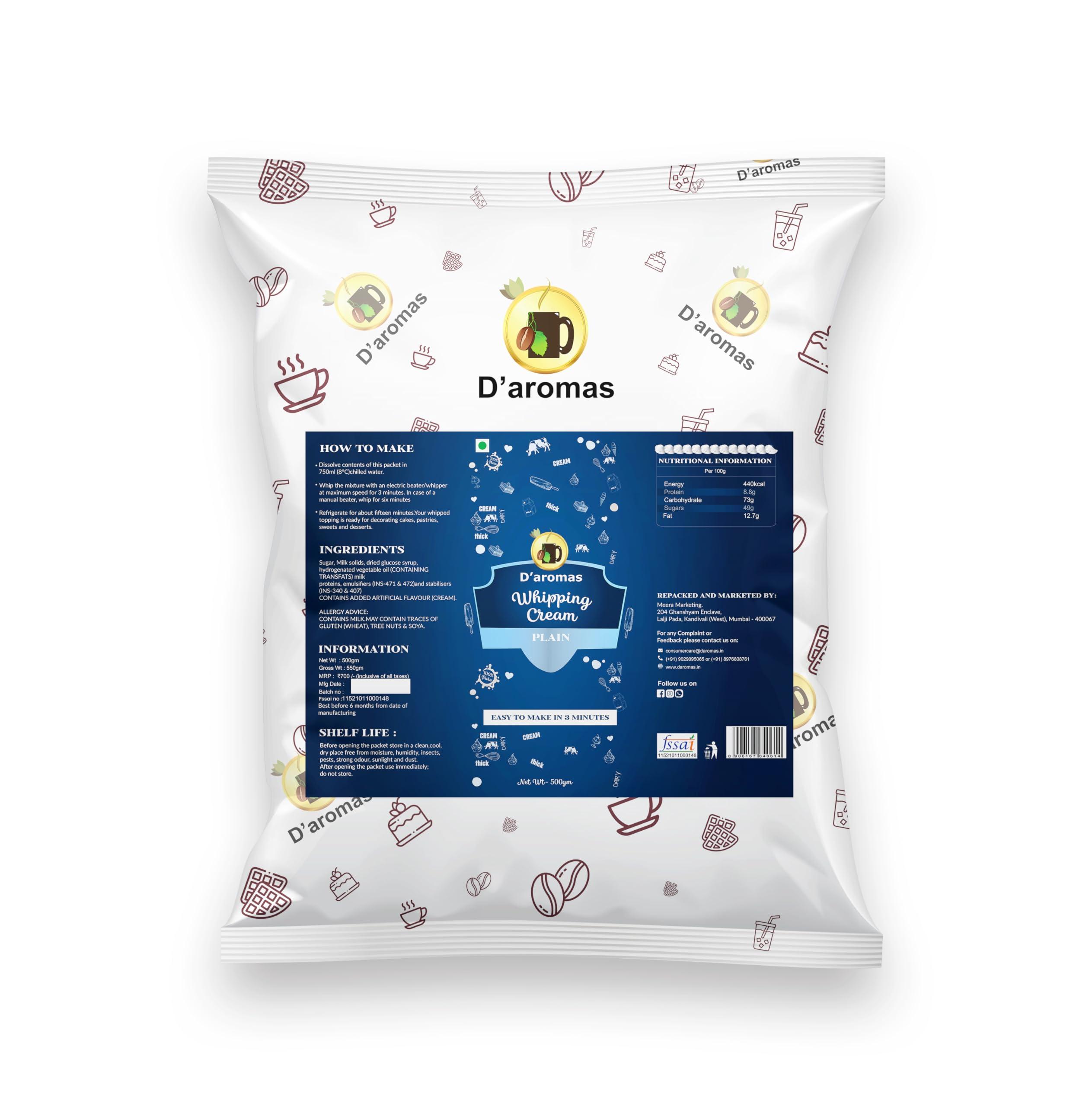 D\'aromas D\'aromas Plain Wipping Cream, 100% Vegetarian, 1.5Kg Whipping Cream For Cake, Muffins, Ice Cream & Cupcakes (500gm) (Pack Of 3)