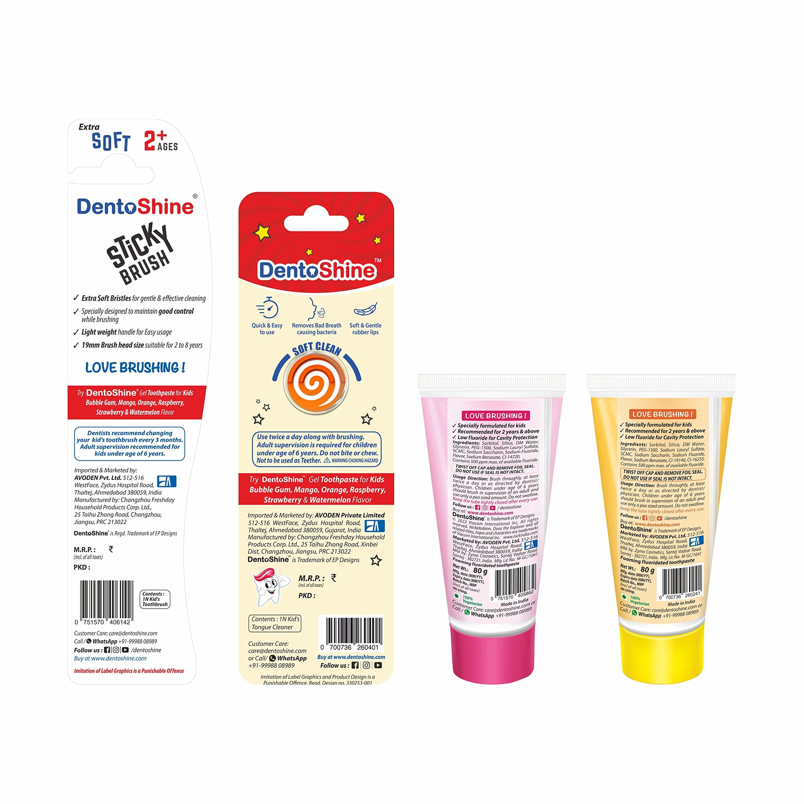 DentoShine DentoShine Oral Care Combo Ages 2+ (Sticky Toothbrush for Kids + Lollipop Tongue Cleaner + Flavored Toothpaste 80 g x 2) (Mango & Strawberry)