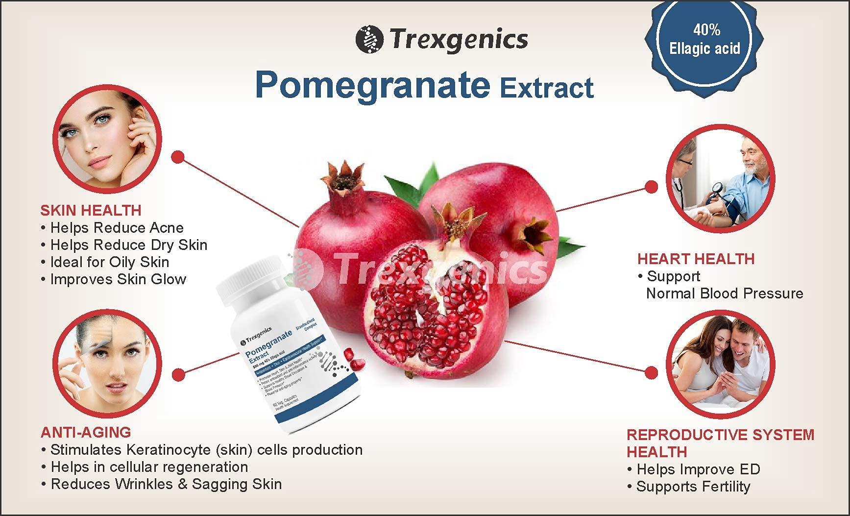 Trexgenics Trexgenics® POMEGRANATE (Bioactive 40% Ellagic acid) Seed Extract 500 mg Antioxidant, Skin Care, Blood circulation, Cardiovascular Health Support (60 Vcaps) (Pack of 3)