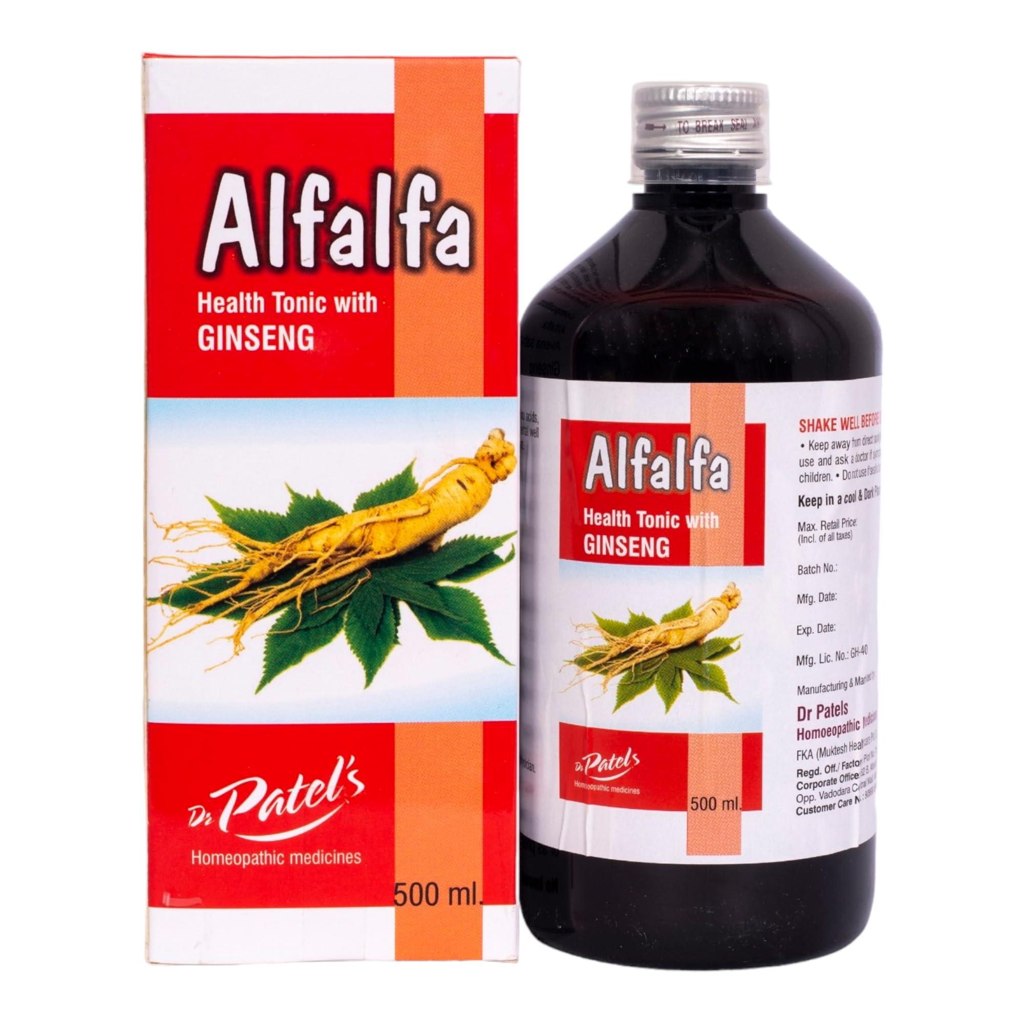 DR PATELS HOMEOPATHIC MEDICINES Dr Patel's Homeopathic Alfalfa Syrup - Health Tonic with Ginseng | Energy Booster, Stress Reliever Syrup - 500ml