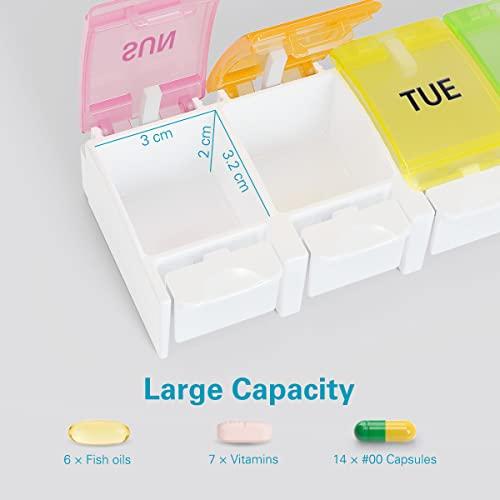 BUG HULL Pill Organizer, BUG HULL Large Weekly Pill Box, Easy to Open Pill Case 7 Day Medicine Organizer for Vitamin, Fish Oils, Supplement